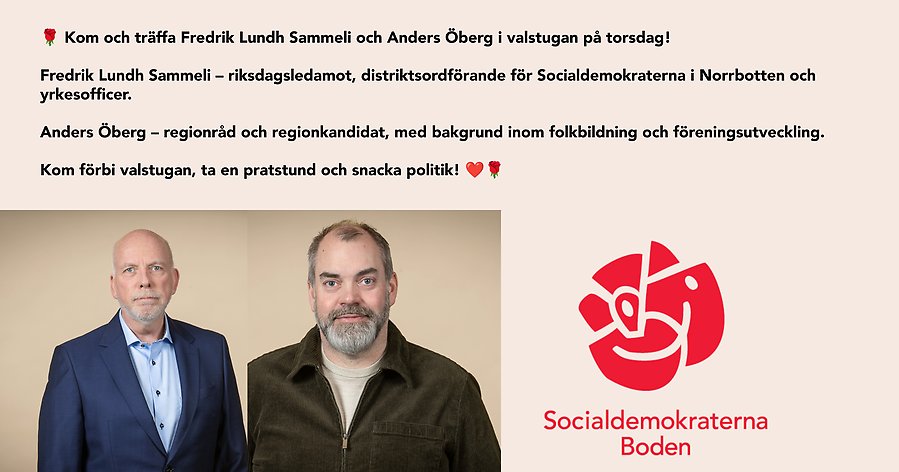Kom och träffa Fredrik Lund-Sammeli och Anders Öberg i valstugan. 